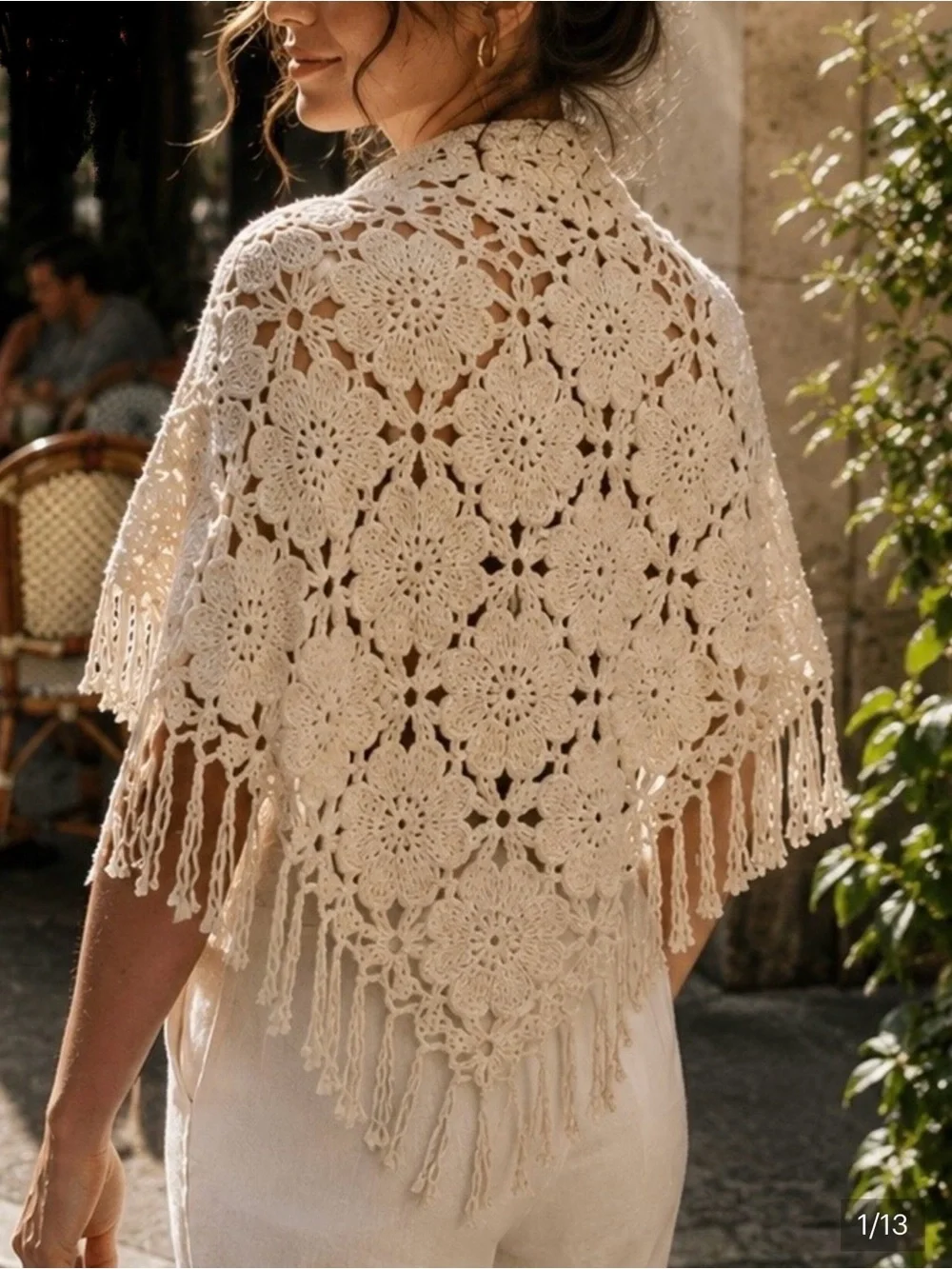 House of Harlow 1960 Ivory Crochet Fringe Triangle Shawl 100% Cotton